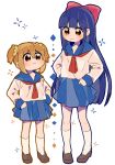  2girls :3 ariuto blonde_hair blue_hair bow brown_eyes hair_bow hair_ornament hair_scrunchie hands_on_hips highres hime_cut kneehighs multiple_girls pipimi pleated_skirt poptepipic popuko school_uniform scrunchie serafuku skirt twintails white_legwear 