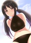  1girl absurdres black_hair blush breasts brown_eyes cowboy_shot day h3po4_chiba highres idolmaster idolmaster_cinderella_girls long_hair looking_at_viewer medium_breasts midriff nakano_yuka navel sky smile solo sportswear twintails 