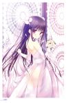  1girl arms_up bangs bare_shoulders bent_elbow black_hair blush bouquet dress drill_hair ear_visible_through_hair eyebrows_visible_through_hair flower hair_between_eyes hair_flower hair_ornament highres holding long_hair looking_at_viewer mashita_touma purple_dress red_eyes scan shiratama_(shiratamaco) shoulder_blades sidelocks solo standing tied_hair turning_head zutto_sukishite_takusan_sukishite 