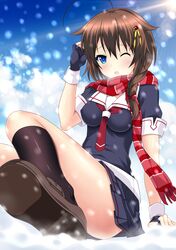  1girl absurdres black_serafuku black_skirt blue_eyes braid breasts brown_hair fingerless_gloves gloves hair_flaps hair_ornament hair_over_shoulder hair_ribbon hairclip haruka_(pixiv) highres kantai_collection medium_breasts neckerchief one_eye_closed pleated_skirt remodel_(kantai_collection) ribbon sailor_collar scarf school_uniform serafuku shigure_(kantai_collection) short_sleeves single_braid skirt snowing solo sunlight 