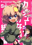  2girls :3 :d alina_(girls_und_panzer) arm_up artist_name background_text bangs black_footwear black_hair blonde_hair blood blue_eyes blush boots character_doll clara_(girls_und_panzer) commentary_request cover cover_page doujin_cover emblem girls_und_panzer green_jacket green_jumpsuit grin handkerchief helmet highres holding holding_helmet jacket katyusha long_hair long_sleeves looking_at_another looking_at_viewer matryoshka_doll multiple_girls nina_(girls_und_panzer) nonna nosebleed open_mouth pravda_military_uniform pravda_school_uniform red_shirt saliva school_uniform shirt short_hair short_jumpsuit skirt smile standing sw swept_bangs translation_request turtleneck w 