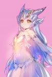  1girl bare_shoulders blush bow_(bhp) elbow_gloves gloves helmet long_hair looking_at_viewer monster_hunter navel orange_eyes personification pink_background silver_hair simple_background slit_pupils solo 