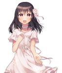  1girl :d bangs blush brown_hair choker collarbone commentary_request dress eyebrows_visible_through_hair flower fujiwara_hajime hair_between_eyes hair_flower hair_ornament hand_on_own_chest idolmaster idolmaster_cinderella_girls idolmaster_cinderella_girls_starlight_stage long_hair minamiya_mia open_mouth pink_flower short_sleeves simple_background smile solo white_background white_choker white_dress 