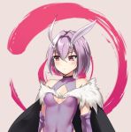  1girl antennae breasts cape eyebrows_visible_through_hair fur-trimmed_cape fur_trim hair_between_eyes kaafi looking_to_the_side mayu_(kaafi) original pink_eyes purple_hair short_hair small_breasts solo upper_body 