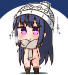  1girl :o arms_at_sides bangs beanie blue_background blue_hair blush boots breath brown_footwear chibi commentary_request eyebrows_visible_through_hair full_body groin hair_between_eyes hana_kazari hat long_hair naked_scarf parted_lips scarf shima_rin solo standing translation_request two-tone_background very_long_hair violet_eyes white_background white_hat yurucamp 
