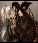  2girls absurdres bare_shoulders black_dress black_hair breasts character_request cleavage closed_eyes commentary_request detached_sleeves dress fate/apocrypha fate/grand_order fate_(series) fur_trim hand_holding highres large_breasts long_hair multiple_girls nagatsuki_take pointy_ears ponytail semiramis_(fate) smile very_long_hair white_hair yellow_eyes 