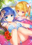  09x 2girls bangs bare_shoulders blonde_hair blue_eyes blue_hair blunt_bangs blush bow breasts brown_eyes cleavage commentary_request hair_bow hair_ornament hairclip innertube large_breasts long_hair looking_at_viewer multiple_girls original shirt striped striped_shirt swimsuit water 