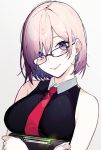 1girl bare_shoulders black-framed_eyewear black_dress blush breast_lift breasts clipboard closed_mouth dress fate/grand_order fate_(series) glasses head_tilt holding kayahara lips mash_kyrielight medium_breasts necktie pink_hair red_neckwear shiny shiny_skin short_hair simple_background sleeveless sleeveless_dress smile solo violet_eyes white_background 