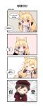  1boy 1girl 4koma :&gt; :3 :d animal_ears armpits babydoll bangs blonde_hair blue_eyes blush brown_hair cat_ears chibi closed_eyes closed_mouth comic detached_collar elbow_gloves eyebrows_visible_through_hair foreign_blue g41_(girls_frontline) girls_frontline gloves hair_between_eyes hair_ornament hat heart heterochromia highres jacket korean long_hair long_sleeves military_hat military_jacket motion_blur navel open_mouth purple_gloves red_eyes red_hat red_jacket smile translation_request very_long_hair white_babydoll white_collar white_gloves 