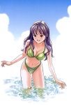  1girl bikini breasts brown_eyes day green_bikini grin i&quot;s isozaki_izumi katsura_masakazu leaning_forward long_hair medium_breasts navel official_art outdoors purple_hair smile solo standing swimsuit wading water 