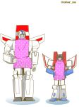  2boys 80s autobot blue_eyes closed_mouth decepticon full_body jetfire multiple_boys no_humans oldschool red_eyes simple_background smile standing starscream tolliver transformers white_background wings 