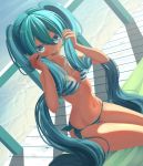  1girl absurdres aqua_eyes aqua_hair beach bikini commentary cowboy_shot hands_up hatsune_miku highres holding holding_hair light_smile long_hair looking_at_viewer navel open_mouth railing sidelighting solo striped striped_bikini swimsuit takizawa_tarou twintails very_long_hair vocaloid wooden_floor 