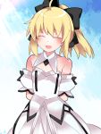  1girl :d ^_^ ^o^ ahoge arms_behind_back artoria_pendragon_(all) blonde_hair bow closed_eyes detached_collar detached_sleeves fate/grand_order fate_(series) hair_bow hair_ribbon hammer_(sunset_beach) long_hair looking_at_viewer open_mouth ponytail ribbon saber_lily smile solo 