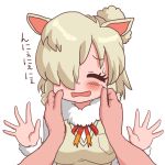  alpaca_ears alpaca_suri_(kemono_friends) blonde_hair blush breast_pocket cheek_pull closed_eyes disembodied_limb eyebrows_visible_through_hair fur_trim hair_bun hair_over_one_eye kemono_friends neck_ribbon open_hands open_mouth pocket ribbon short_hair sodeshita_marshmallow sweatdrop translation_request vest 