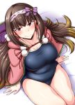  1girl belly blush breasts brown_hair curvy fate/grand_order fate_(series) gradient_hair hairband highres large_breasts long_hair looking_at_viewer low_twintails multicolored_hair nokoppa one-piece_swimsuit osakabe-hime_(fate/grand_order) plump school_swimsuit sitting smile solo swimsuit swimsuit_under_clothes twintails very_long_hair violet_eyes 