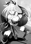  breasts cleavage commentary_request dual_wielding earrings fate/grand_order fate_(series) highres ijima_yuu japanese_clothes jewelry katana large_breasts miyamoto_musashi_(fate/grand_order) monochrome sword thigh-highs weapon 