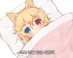  1girl :3 animal_ears bangs blonde_hair blue_eyes blush cat_ears chibi closed_mouth eyebrows_visible_through_hair foreign_blue g41_(girls_frontline) girls_frontline hair_between_eyes heterochromia korean long_hair looking_at_viewer lying on_back pillow red_eyes solo translation_request under_covers white_background 
