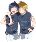  2boys aizou_(kokuhaku_jikkou_iinkai) arm_around_shoulder blonde_hair blue_hair closed_eyes juutora kokuhaku_jikkou_iinkai lipxlip male_focus microphone multiple_boys shirt simple_background smile t-shirt white_background wristband yuujirou_(kokuhaku_jikkou_iinkai) 