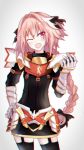  1boy astolfo_(fate) black_legwear black_ribbon braid fang fate/apocrypha fate/grand_order fate_(series) garter_straps hair_intakes hair_ribbon hand_on_hip highres long_braid male_focus mian.h multicolored_hair one_eye_closed open_mouth pink_hair ribbon single_braid streaked_hair trap violet_eyes 