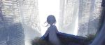  1girl arm_support backlighting balcony building child city commentary dress flower highres looking_afar original plant post-apocalypse quad_tails reoen ruins scenery science_fiction short_hair signature silver_hair skyscraper sleeveless sleeveless_dress solo vines 
