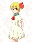  1girl alternate_costume arms_behind_back ascot blonde_hair cato_(monocatienus) commentary_request cowboy_shot dress eyebrows_visible_through_hair eyes_visible_through_hair floral_background hair_ribbon looking_at_viewer red_eyes ribbon rumia sailor_dress short_hair simple_background smile solo touhou white_dress 