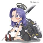  1girl ahenn blue_eyes blue_hair chibi commentary_request holding kantai_collection long_hair lowres machinery mechanical_halo polearm remodel_(kantai_collection) simple_background sitting smile solo tatsuta_(kantai_collection) turret twitter_username weapon white_background 