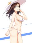  1girl :d arm_at_side bangs bare_arms bare_shoulders bikini black_hair blue_eyes breasts brown_hair cleavage cowboy_shot eyebrows_visible_through_hair flower girls_und_panzer grin hand_on_own_face hat hat_flower highres ikomochi large_breasts long_hair looking_at_viewer navel nonna open_mouth parted_lips side-tie_bikini sideboob smile solo standing stomach sun_hat swept_bangs swimsuit teeth thighs two-tone_background white_bikini 