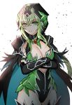  1girl black_cape black_gloves black_leotard braid breasts bright_pupils cape cleavage cowboy_shot crossed_arms elsword expressionless gloves green_eyes green_hair hamericano highres hood large_breasts leotard long_hair looking_at_viewer rena_(elsword) simple_background solo thigh-highs twilight_(elsword) white_background 