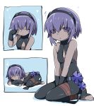  1girl black_gloves cleavage_cutout comic dark_skin fate/grand_order fate_(series) fingerless_gloves gloves hairband hammer_(sunset_beach) hassan_of_serenity_(fate) looking_at_viewer parted_lips purple_hair silent_comic sitting sleeping sleepy solo violet_eyes wariza zzz 