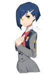  1girl absurdres blue_hair closed_mouth darling_in_the_franxx from_side green_eyes hair_ornament hair_over_one_eye hairclip hands_on_own_chest highres ichigo_(darling_in_the_franxx) lolisystem looking_at_viewer pout short_hair solo uniform 