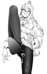  1girl breasts choker earrings fate/grand_order fate_(series) formal glasses gloves hand_on_hip hat high_heels jewelry koyanskaya leg_lift long_hair looking_at_viewer looking_down monochrome navel open_mouth pantyhose ribbon_choker s_tanly skirt sleeve_cuffs smile solo suit very_long_hair 
