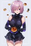  1girl :d armor armored_leotard black_gloves black_leotard blush cowboy_shot elbow_gloves eyebrows_visible_through_hair fate/grand_order fate_(series) food gloves grey_background hair_between_eyes hair_over_one_eye hana_shiori highres leotard looking_at_viewer mash_kyrielight open_mouth purple_hair short_hair smile solo standing violet_eyes 