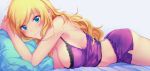  1girl artist_request blonde_hair blue_eyes breasts closed_mouth eyebrows_visible_through_hair idolmaster idolmaster_cinderella_girls large_breasts light_smile lingerie long_hair looking_at_viewer lying on_stomach ootsuki_yui solo underwear underwear_only wavy_hair 