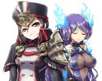  2girls black_hair breasts brown_eyes closed_eyes collarbone fire gloves hat kagutsuchi_(xenoblade) large_breasts long_hair medium_breasts meleph_(xenoblade) military military_hat military_uniform multiple_girls nke_toumi parted_lips pauldrons purple_hair reverse_trap simple_background smile uniform xenoblade xenoblade_2 