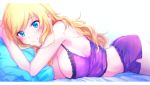  1girl artist_request blonde_hair blue_eyes breasts closed_mouth commentary_request eyebrows_visible_through_hair idolmaster idolmaster_cinderella_girls large_breasts light_smile lingerie long_hair looking_at_viewer lying on_stomach ootsuki_yui solo underwear underwear_only wavy_hair 