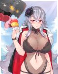  azur_lane bikini black_bikini blush breasts dated flower food graf_zeppelin_(azur_lane) grey_hair hair_flower hair_ornament hips ice_cream kuavera large_breasts light_smile long_hair looking_at_viewer navel navel_cutout parted_lips red_eyes signature swimsuit thighs tongue twitter_username very_long_hair 