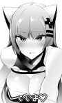  1girl bare_shoulders blush breasts cleavage cleavage_cutout cosplay eyebrows_visible_through_hair greyscale hair_ornament heart highres hizuki_akira kaguya_luna kaguya_luna_(character) kaguya_luna_(character)_(cosplay) large_breasts looking_at_viewer monochrome natsume_(pokemon) open_mouth outstretched_arm pokemon smile solo text 