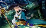  1boy absurdres aobouzu_(onmyoji) braid facial_mark fingerless_gloves firefly forest gloves grass hat highres japanese_clothes leaf long_hair male_focus nature night onmyoji solo staff tree upper_body white_hair yellow_eyes 