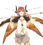  1girl bracelet circe_(fate/grand_order) collarbone english fate/grand_order fate_(series) green_eyes head_wings hyakuhachi_(over3) jewelry looking_at_viewer navel necklace pink_hair pointy_ears robe solo staff thigh_strap white_background wings 