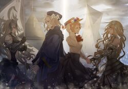  1boy 3girls armor armored_dress axis_powers_hetalia banner black_dress black_gloves black_hat black_skirt blonde_hair breasts character_request closed_eyes crossover dress fate/grand_order fate_(series) floating_hair flower france_(hetalia) from_side gauntlets gloves grey_dress hair_flower hair_ornament hand_holding hat head_wreath holding holding_weapon jeanne_d&#039;arc_(alter)_(fate) jeanne_d&#039;arc_(fate) jeanne_d&#039;arc_(fate)_(all) long_hair medium_breasts meme_attire multiple_girls navel_cutout open_mouth outdoors shirt short_hair skirt sleeveless sleeveless_dress sun_hat very_long_hair virgin_killer_outfit weapon white_flower white_shirt yoshiki_(reborunlove) 