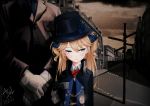  1boy 1girl absurdres asil bangs belt belt_buckle black_gloves black_hat blonde_hair blue_bow blue_eyes blue_neckwear blush bow bowtie buckle building buttons chains cityscape closed_mouth clouds cloudy_sky collared_shirt cross crucifix cup dated formal girls_frontline gloves hair_between_eyes hair_bow hair_ribbon hands_together hat hat_bow head_tilt high_collar highres holding holding_cup intersection long_hair long_sleeves looking_away necktie open_clothes pocket_watch red_bow ribbon road road_sign shirt shorts sidelocks sign signature sky sleeve_cuffs street suit suit_jacket super_shorty_(girls_frontline) teacup top_hat tsurime two_side_up watch white_gloves white_shirt 