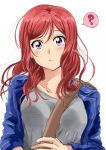  1girl :&lt; ? alternate_costume alternate_hairstyle bangs between_breasts blue_jacket blush breasts casual closed_mouth earrings grey_shirt jacket jewelry long_hair long_sleeves looking_at_viewer love_live! love_live!_school_idol_project medium_breasts nishikino_maki older open_clothes open_jacket redhead sanpaku shirt shogo_(4274732) simple_background sketch solo speech_bubble spoken_question_mark strap_cleavage stud_earrings tareme upper_body violet_eyes white_background 