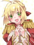  1girl :d ahoge blonde_hair bow epaulettes fate/extra fate_(series) green_eyes hair_bow hair_ribbon hammer_(sunset_beach) hands_clasped long_hair looking_at_viewer nero_claudius_(fate) nero_claudius_(fate)_(all) open_mouth own_hands_together ribbon smile solo sparkle 
