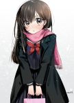  1girl bag black_hair brown_eyes coat commentary_request highres holding long_hair looking_at_viewer mo253 original parted_lips pleated_skirt scarf school_bag school_uniform serafuku signature simple_background skirt solo v_arms winter_clothes winter_coat 