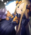  1girl abigail_williams_(fate/grand_order) bangs black_bow black_dress black_hat blonde_hair blue_eyes bow breasts butterfly commentary_request dress fate/grand_order fate_(series) forehead hair_bow hat long_hair long_sleeves looking_at_viewer object_hug orange_bow parted_bangs parted_lips polka_dot polka_dot_bow sleeves_past_fingers sleeves_past_wrists small_breasts solo stuffed_animal stuffed_toy teddy_bear v-shaped_eyebrows very_long_hair yyo 