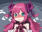  1girl blue_eyes blush dragon_horns elizabeth_bathory_(fate) elizabeth_bathory_(fate)_(all) fate/extra fate/extra_ccc fate_(series) hair_ribbon hammer_(sunset_beach) horns long_hair looking_at_viewer pointy_ears purple_hair ribbon solo tears translation_request trembling two_side_up wavy_mouth 