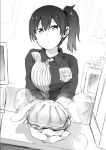  1girl baozi commentary convenience_store employee_uniform food foreshortening giving greyscale id_card ijima_yuu kaga_(kantai_collection) kantai_collection lawson monochrome shop side_ponytail solo store_clerk uniform 