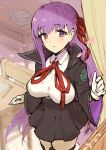  1girl bangs bb_(fate/extra_ccc) black_legwear black_skirt blush breasts classroom coat curtains desk eyebrows_visible_through_hair fate/extra fate/extra_ccc fate_(series) gloves hair_ribbon haoni indoors large_breasts long_hair looking_at_viewer parted_lips purple_hair red_ribbon ribbon skirt solo tareme thigh-highs violet_eyes white_gloves 