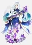  1boy feathers flower fur_trim grey_background hair_ornament horn huayne instrument japanese_clothes kimono long_hair male_focus onmyoji sandals simple_background solo white_hair yellow_eyes youkinshi_(onmyoji) 