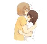  ! 2girls :o bangs blush brown_hair eyebrows_visible_through_hair foomi forehead_kiss heart hug kiss light_brown_hair long_hair lowres multiple_girls original parted_lips puffy_short_sleeves puffy_sleeves shirt short_sleeves simple_background white_background white_shirt yellow_shirt yuri 